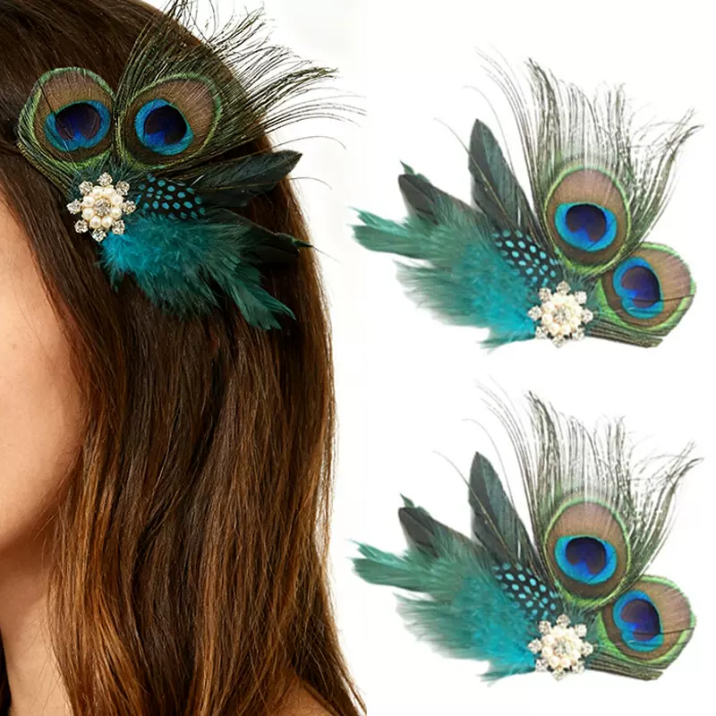 欧美跨境新年发夹化妆舞会狂欢派对表演侧边夹孔雀羽毛一字夹头饰