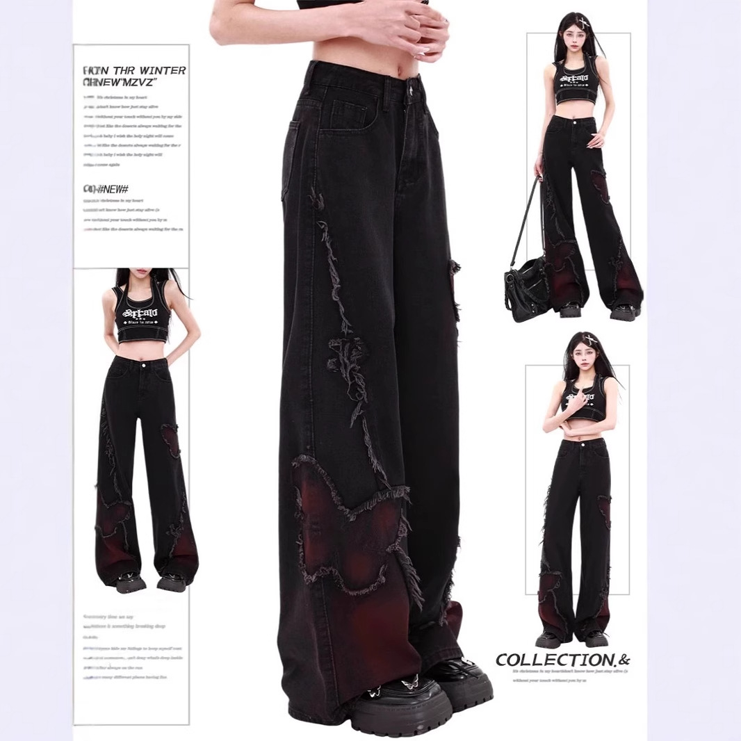 Black Butterfly Wide-Leg Jeans for Women, Spring, Summer, and Autumn, with a Unique Design, Niche American Retro Style, High-Waisted, Slimming, Straight-Leg Pants