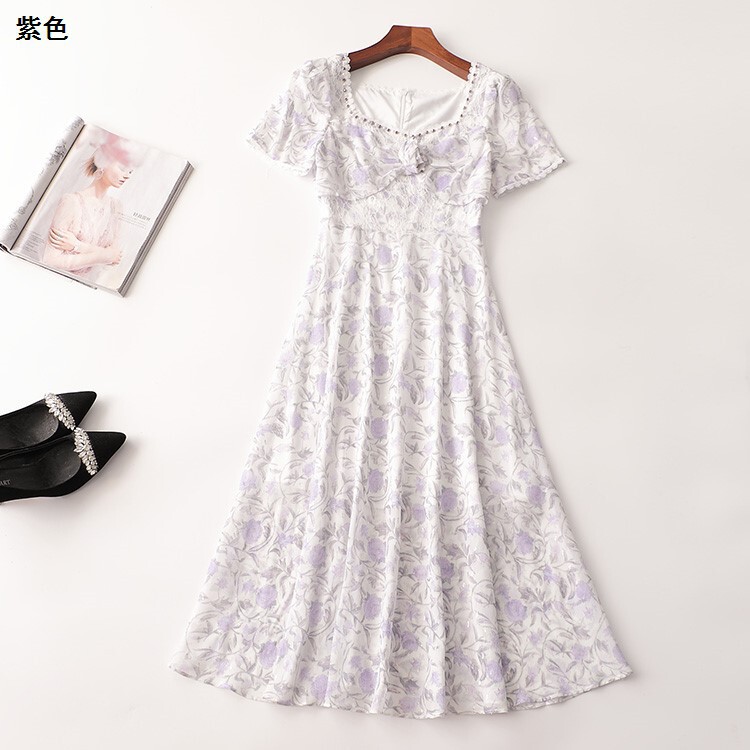 243228 Summer Dress Women's Extra Long Short Sleeve Square Neck Shenzhen Mingwei Wholesale Quality Women