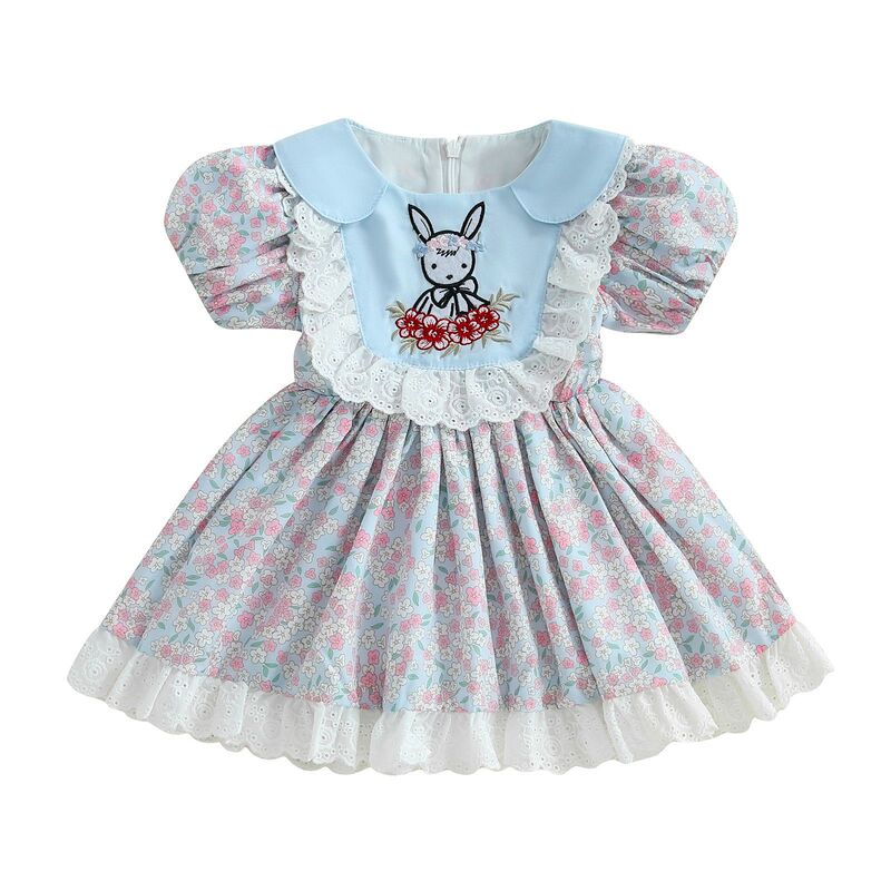 New Foreign Trade Easter Girls' Rabbit Short-Sleeve Dress for Young Children, Sweet and Cute Floral Summer Dress
