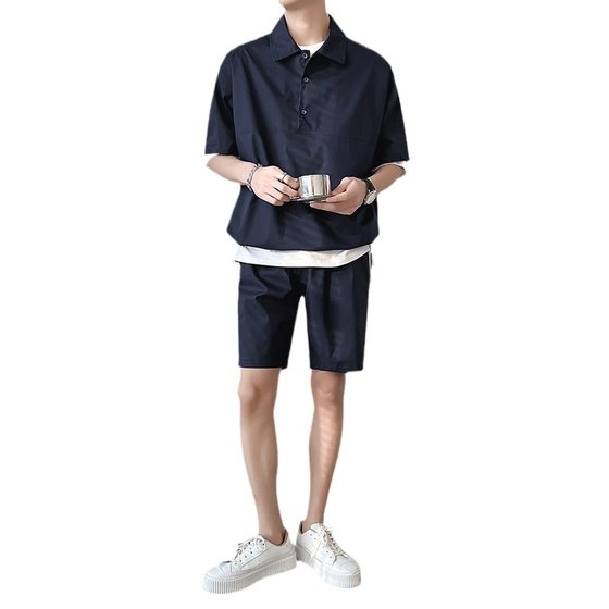 2025 Summer Solid Color Short-sleeved Shorts suit Men's Korean-style Ins Casual Loose Polo Shirt Two-piece Set