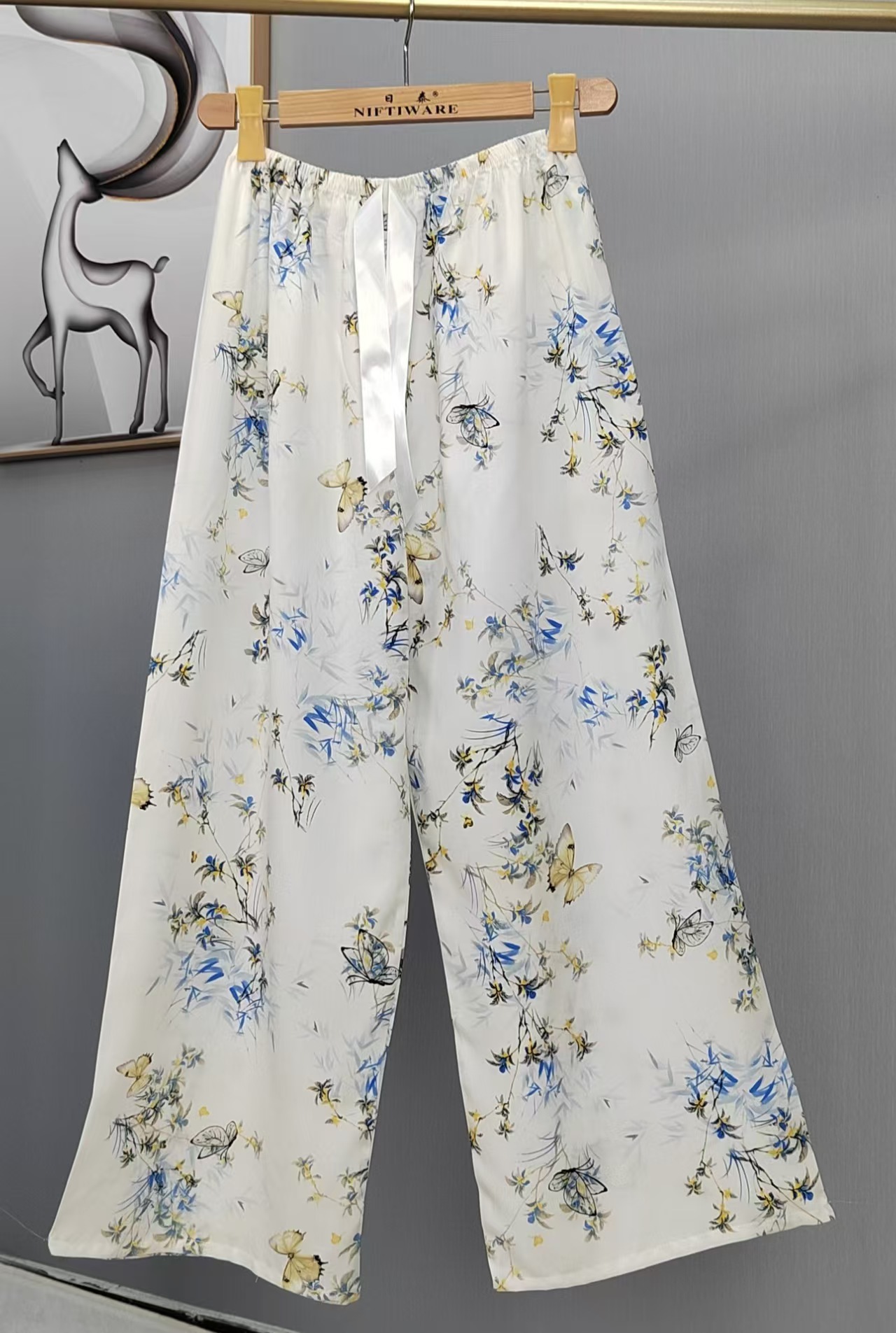 Pijama de seda de algodón para mujer, pantalones anchos de mujer embarazada de seda de algodón con estampado fino de verano