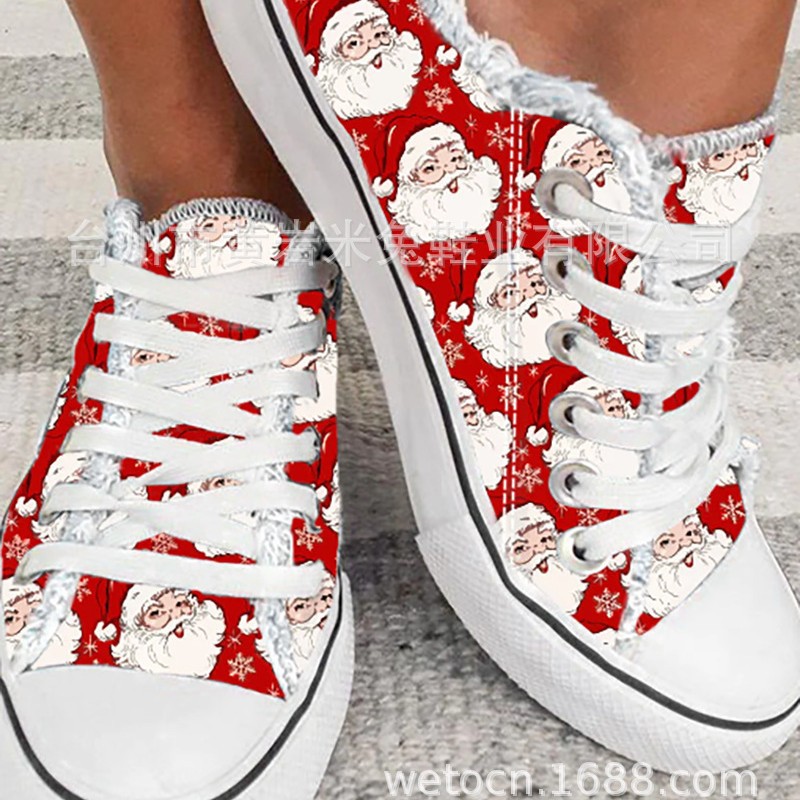 欧美跨境外贸新款圣诞节老人红色印花图案休闲帆布女大码平底单鞋