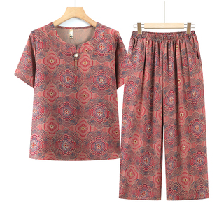 Middle-Aged and Elderly Women's Clothing 2025 New Summer Grandma Shirt Mom Pants Old Lady Pullover Top Two-Piece Suit