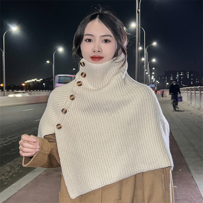 Winter Wool Button Slit Shawl For Women Korean High Quality Korean Style Versatile Knitted Poncho Shawl