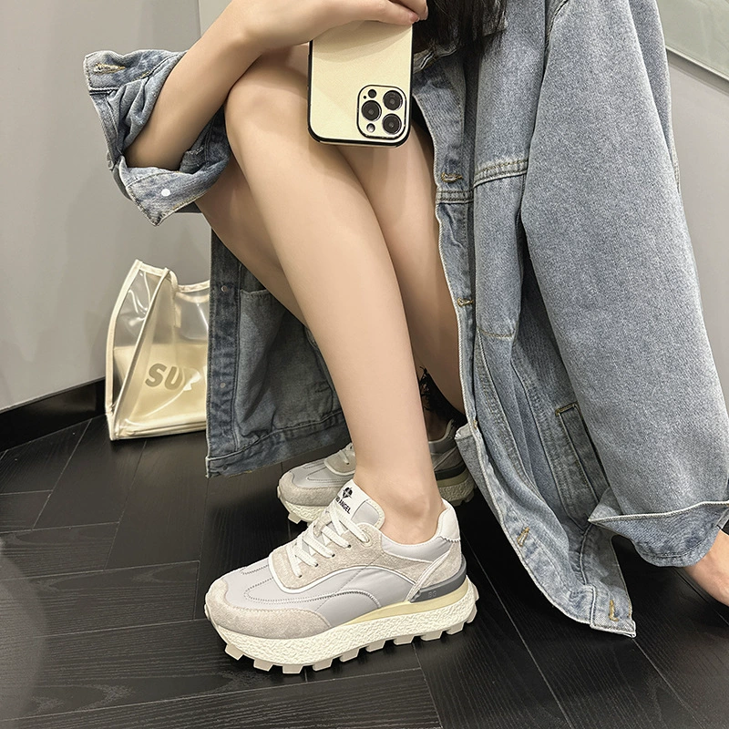 Женские летние ретро-кроссовки на толстой вафельной подошве из натуральной кожи, увеличивающие рост, 2023 года.