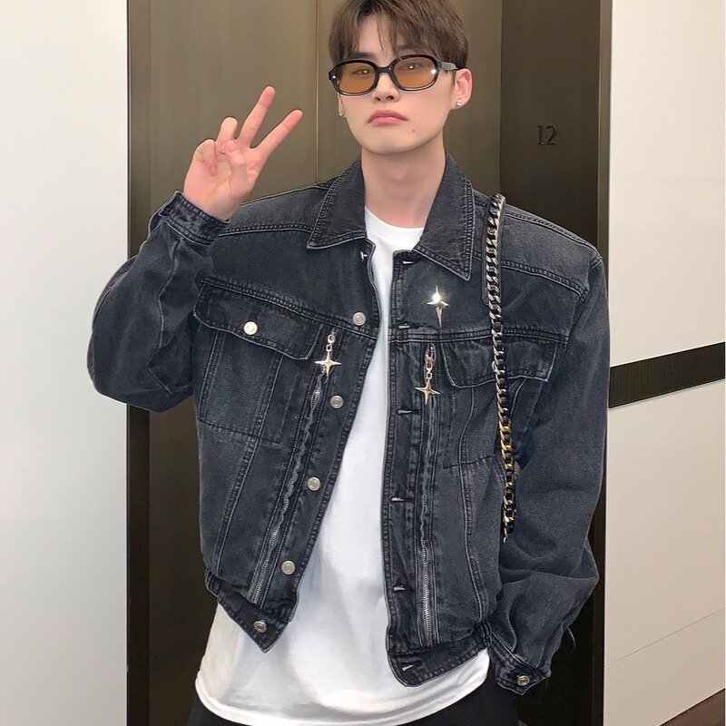 American Style Autumn Niche Metal Shoulder Pad Denim Jacket Men's Loose Spring Washed Old Vintage Short Jacket Trendy