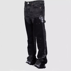 男性のデニムの工装のズボンの欧米のファッションのinsの工装の爆発の弾力性は布のデニムの積層のスピーカーのズボンを貼ります。