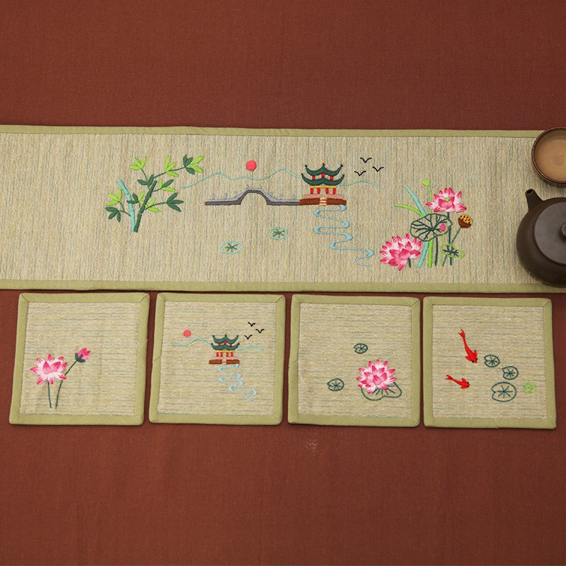 Bordado diy camelia estera de té estilo chino zen lu bordado hecho a mano diy estera de té de algodón y lino bordado tridimensional principiante bandera de té image 22
