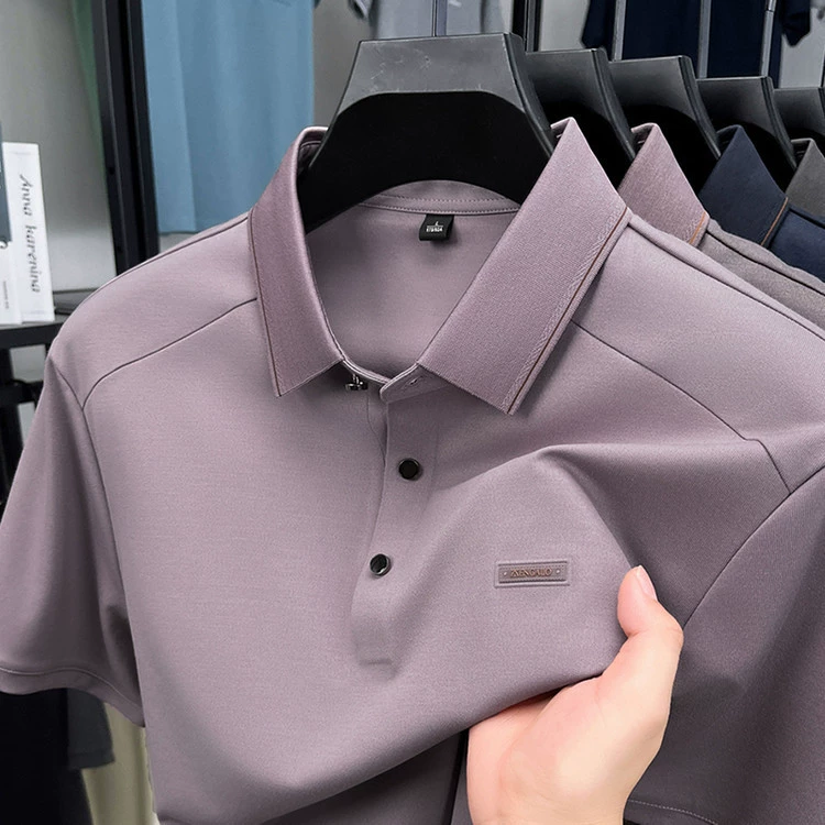 Рубашка-поло из шелкового шелка с короткими рукавами, новая летняя мужская деловая повседневная мужская футболка среднего возраста с вышивкой, однотонная мужская футболка
