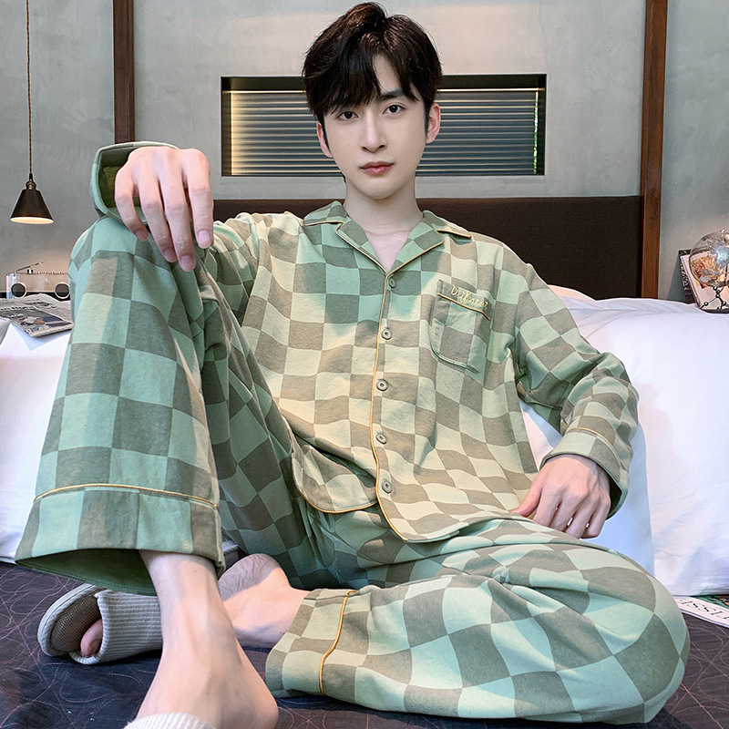 100% pijamas de los hombres de algodón de Primavera y Otoño de manga larga 2023 nuevo estilo de la Rebeca A Cuadros de desgaste del hogar otoño y invierno