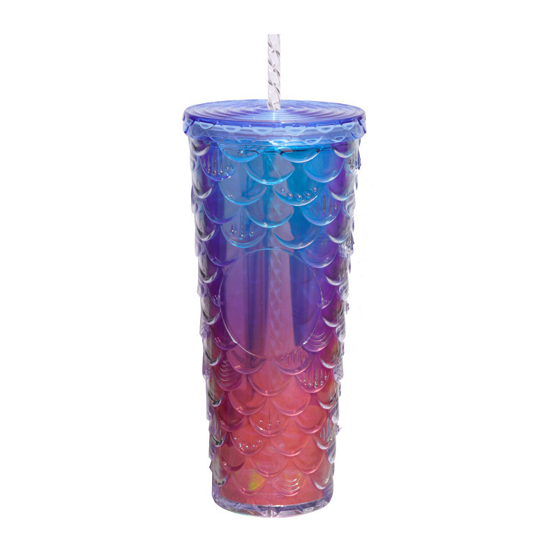 Fish Scale Cup Durian Cup Large Capacity High Color Value Stereo Mermaid Cup Plastic Double-Layer Suction Cup Student Transparent Water Cup