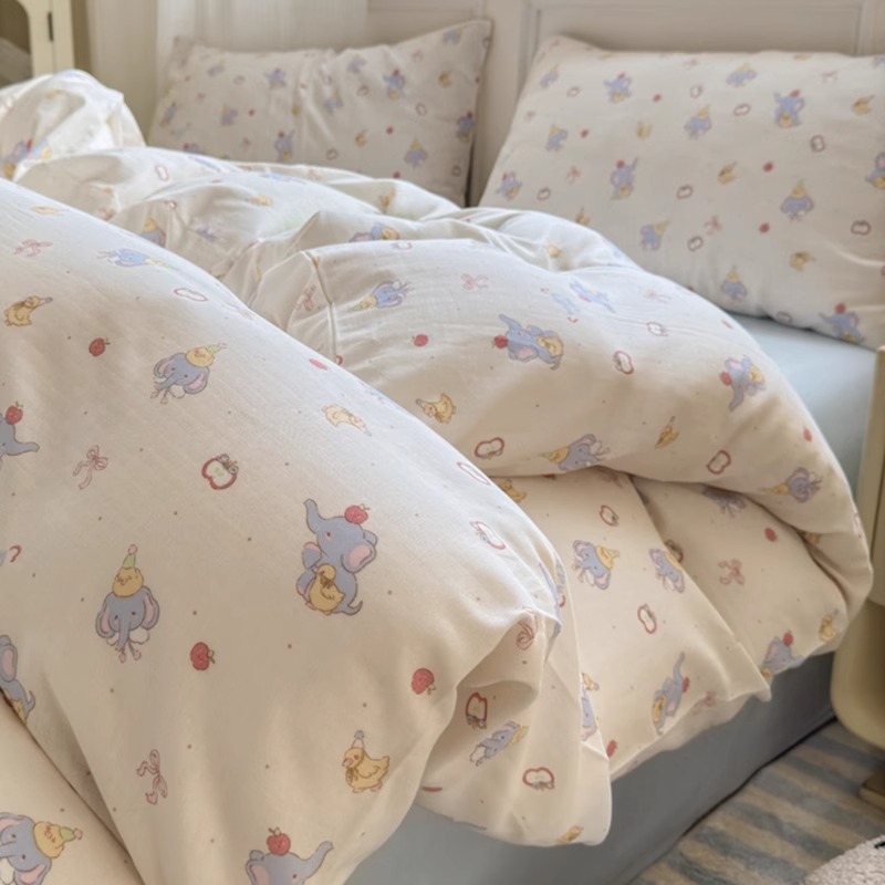 Cama de hilo de doble capa de algodón estilo ins Juego de cuatro piezas Funda de edredón de algodón puro para niños 2025 Nuevo juego de tres piezas de dormitorio de sábanas