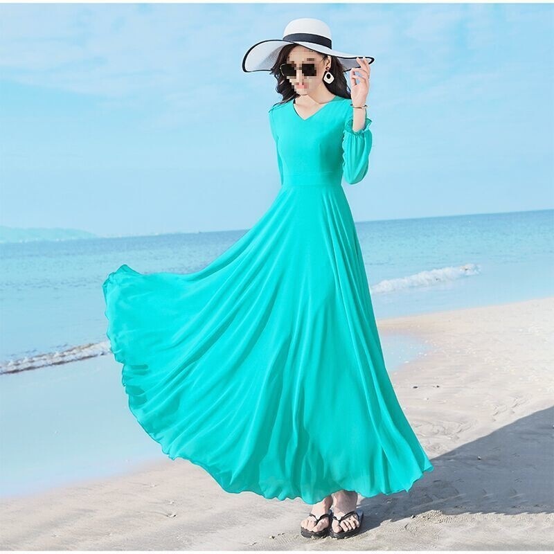 New Spring and Summer V-Neck Women's Long-Sleeved Solid Color Beach Vacation Chiffon Dress Slim Fit and Elegant Long Skirt New Spring and Summer V-Neck Women's Long-Sleeved Solid Color Beach Vacation Chiffon Dress Slim Fit and Elegant Long Skirt