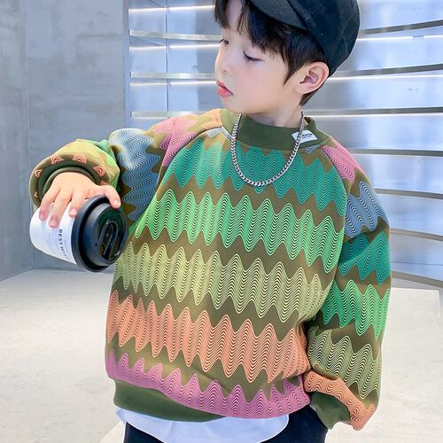 Boys' autumn and winter new long-sleeved sweatshirts  medium-sized and handsome boys' geometric irregular printed long-sleeved T-shirts