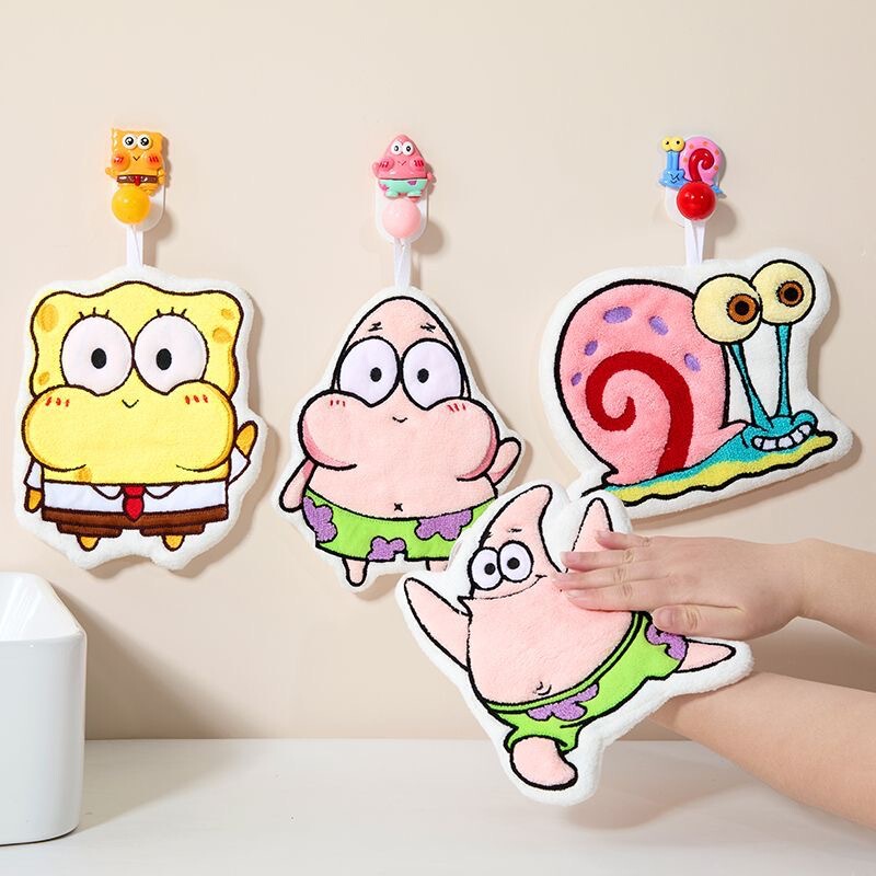 Spongebob Cute Hand Towel Kitchen Bathroom High Color Value Hanging Coral Fleece Hand Cloth Absorbent Handkerchief Rag