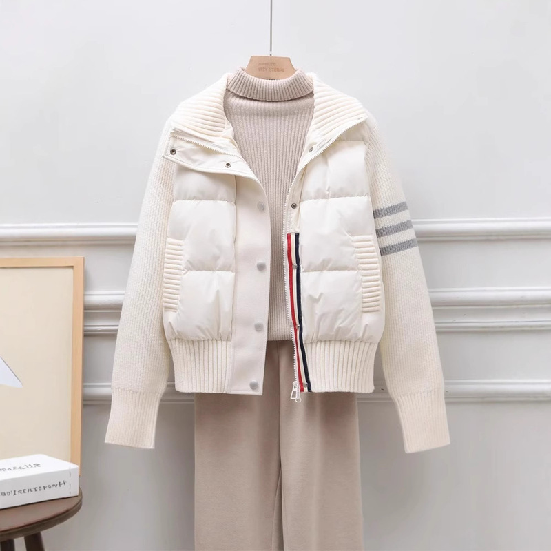 Korean Style Short down Jacket for Petite Women, 2025 Autumn and Winter New Style, Knitted Patchwork Design, Niche Outerwear