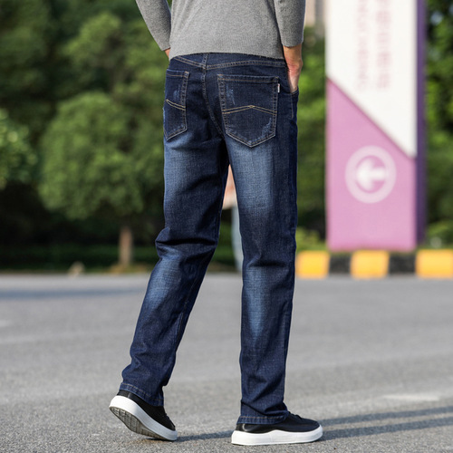Autumn Loose Straight-leg Blue Business Men's Casual Long Pants for Autumn/Winter Elastic Pants Thick Version (Supports