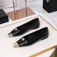 8216-2 Korean style square toe soft leather color blocked flat heeled women's shoes with tea flower metal buckle, not tiring for feet, easy to step on, shallow mouth single shoe