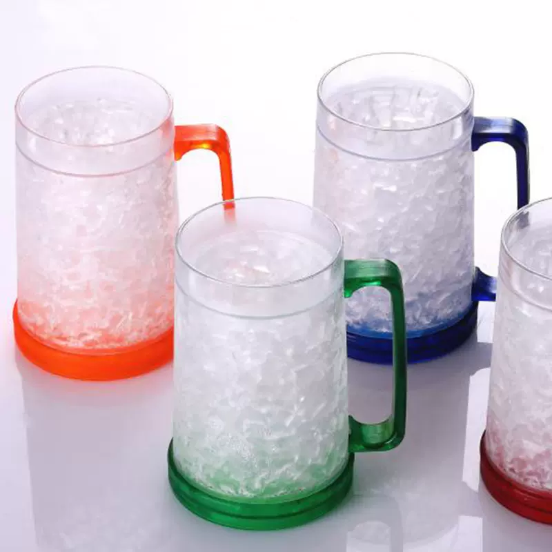 啤酒冰杯 制冷杯 塑料双层凝胶杯把手彩色手柄杯