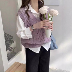 温柔简约女士V领麻花毛背心韩版春秋宽松慵懒学院风针织马甲软糯