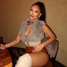 C25TP258欧美女装秋冬新款纯色无袖毛绒开衫拉链背心露脐修身上衣