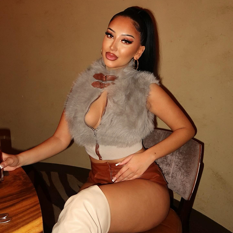 C25TP258欧美女装秋冬新款纯色无袖毛绒开衫拉链背心露脐修身上衣