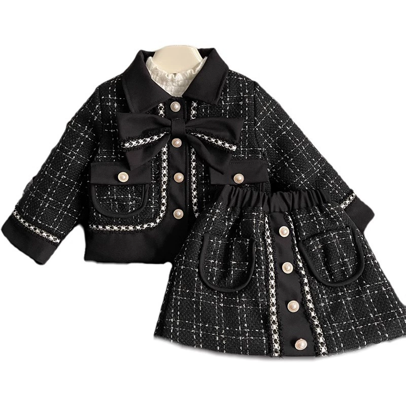 Демисезонный комплект, детская куртка с бантами, мини-юбка, стиль Chanel
