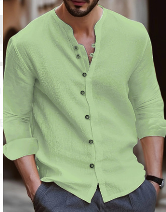 2024 Transbordador Amazon eBay Camisa de manga larga con botones casuales de algodón y lino de color sólido retro para hombre