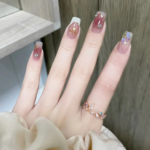 雅婕娜-爱心晕染极光彩钻芭蕾款显白美甲成品可拆卸穿戴甲Nails