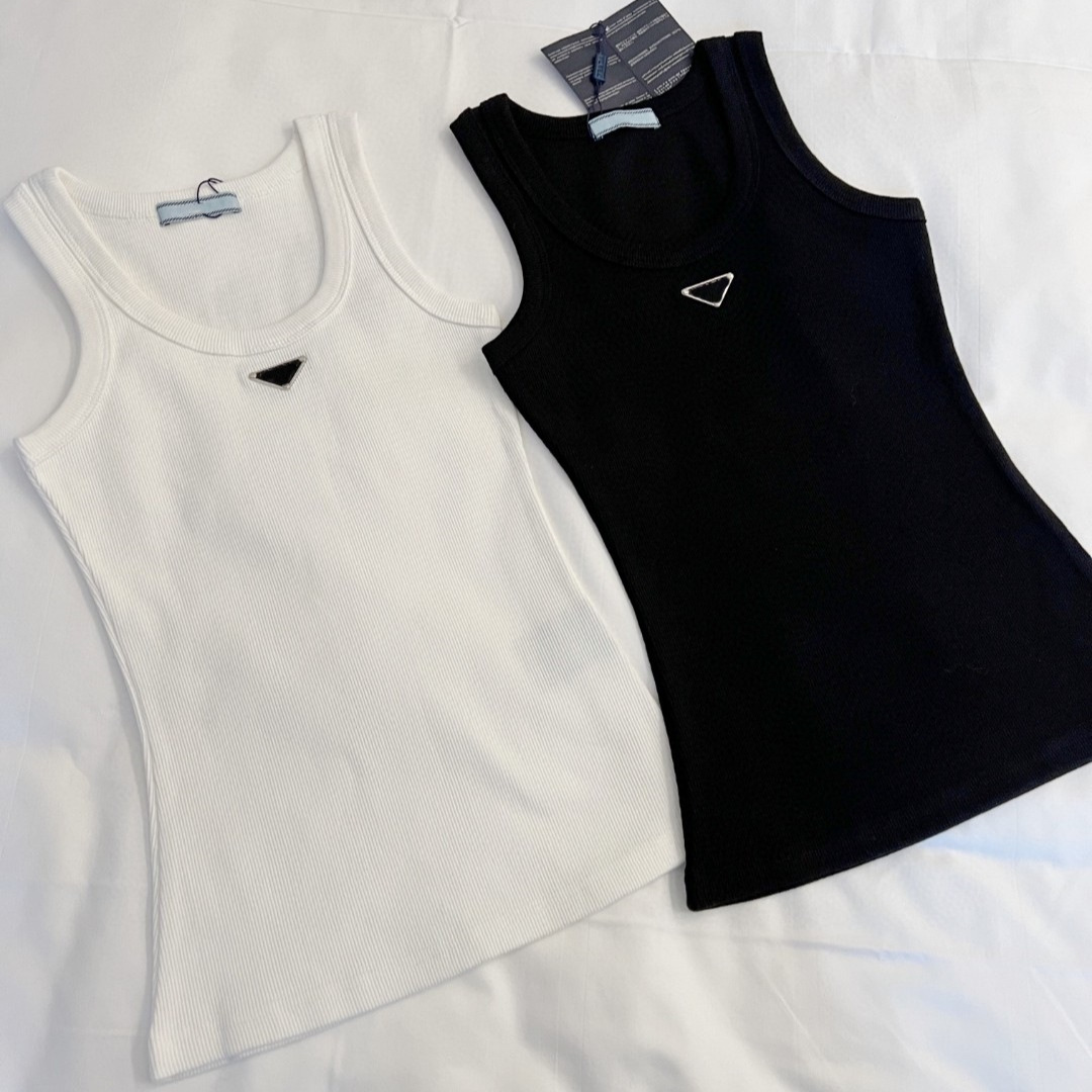 Correct Version 25 Summer New Style P Brand Metal Triangle Logo Knitted Ribbed Tank Top Elastic Slim Fit Base Layer Camisole