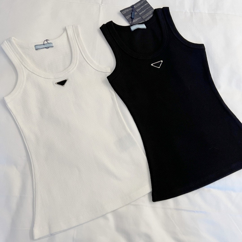 Correct Version 25 Summer New Style P Brand Metal Triangle Logo Knitted Ribbed Tank Top Elastic Slim Fit Base Layer Camisole