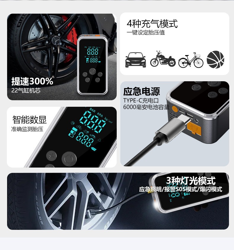 Portable Wireless Car Air Pump, Multifunctional Digital Display Emergency Electric Car Tire Inflator, Wholesale Available
