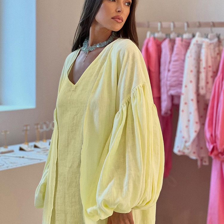 Women's Fashion 2026 Spring And Autumn New Casual Vest Dress With Puff Sleeves, Solid Color Long Robe Two-Piece Set_ecoleips.com