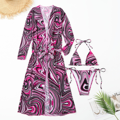  European and American new style striped lace-up long skirt mesh three-piece bikini bikini cross-border AliExpress