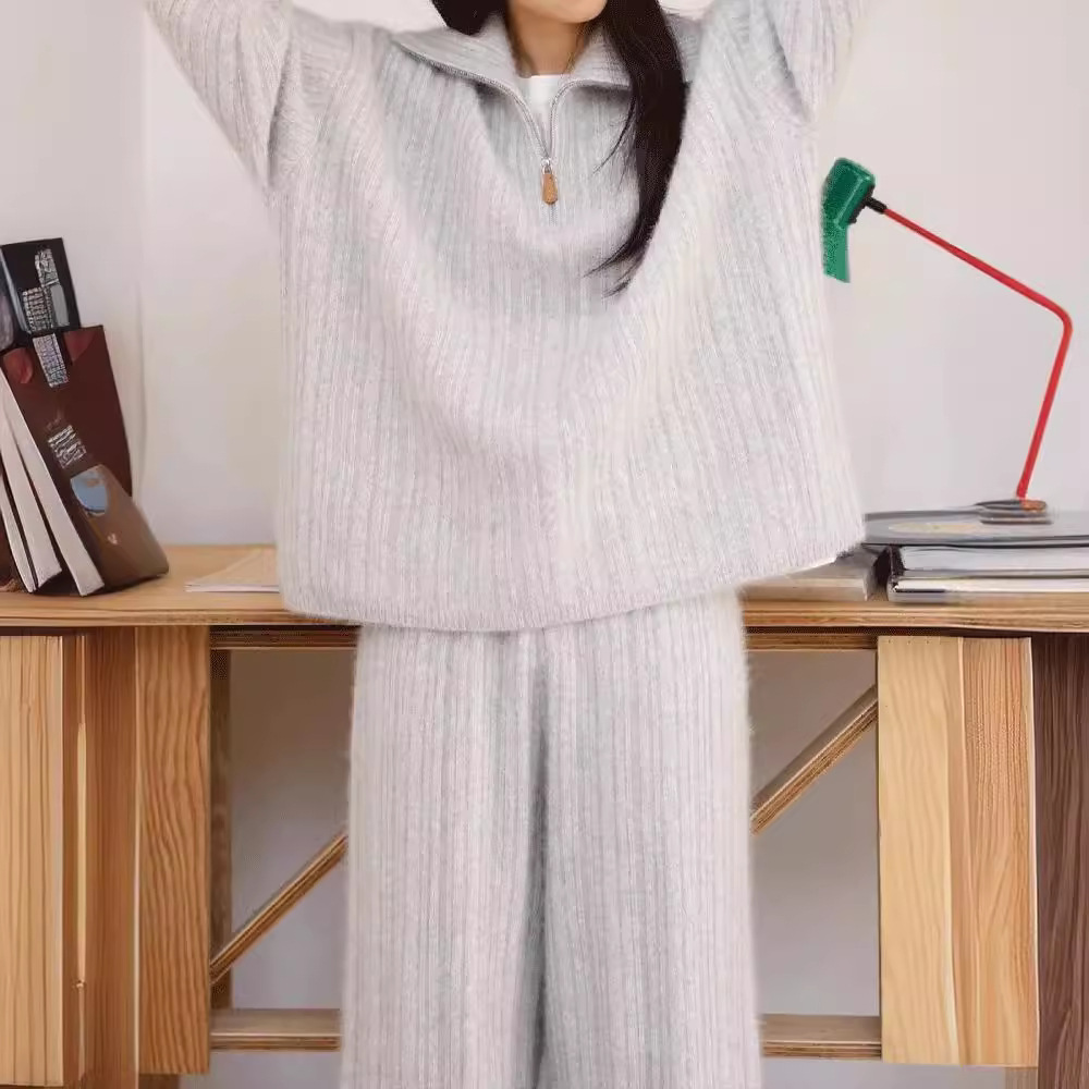 Damenbekleidung Lässiger Sportanzug im Lazy-Stil für Damen, Herbst- und Wintermode, hochwertiger Strickpullover, Hose mit weitem Bein, zweiteiliger Anzug, trendig_voghion.com
