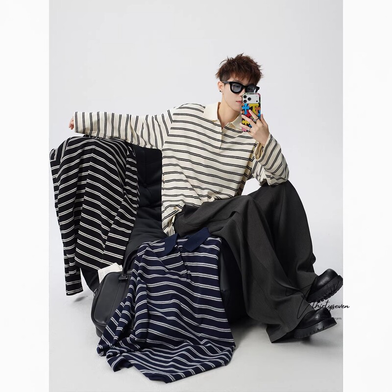 Japanese-Style Striped Color-Blocking College-Style Polo Collar Sweatshirt for Men, Spring Trendy Brand Loose-Fitting Couple's Versatile Long-Sleeve T-Shirt
