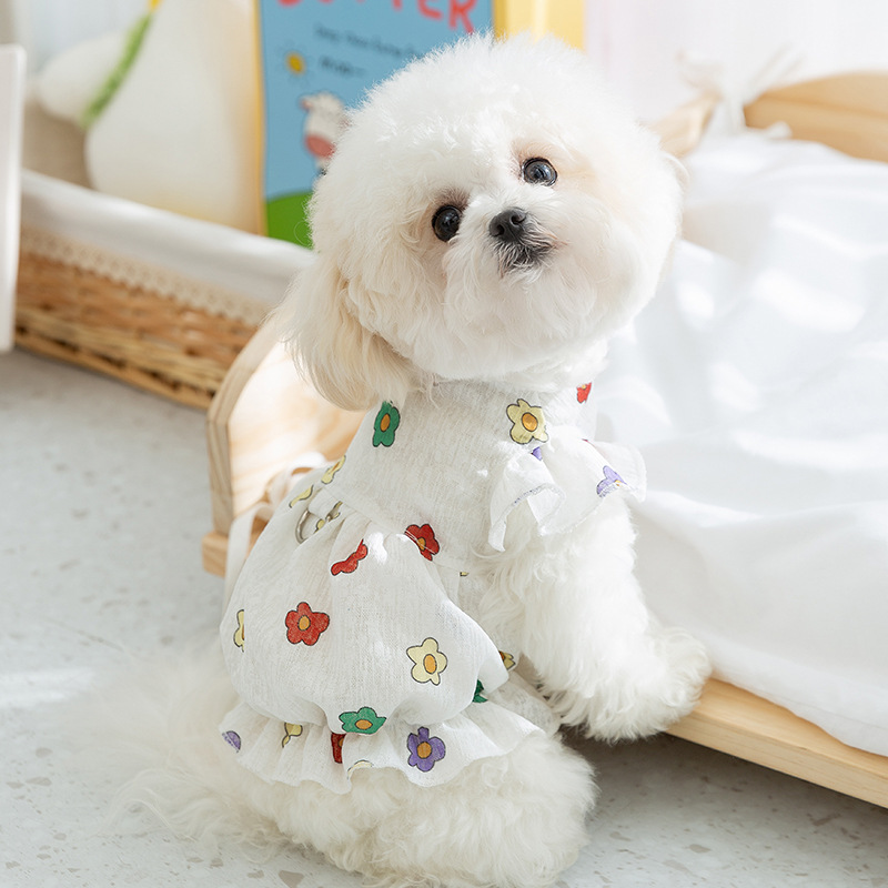 Linda pequeña flor impresa pequeña manga voladora princesa estilo vestido gato dos pies mascota perro Delgado Primavera y ropa de verano