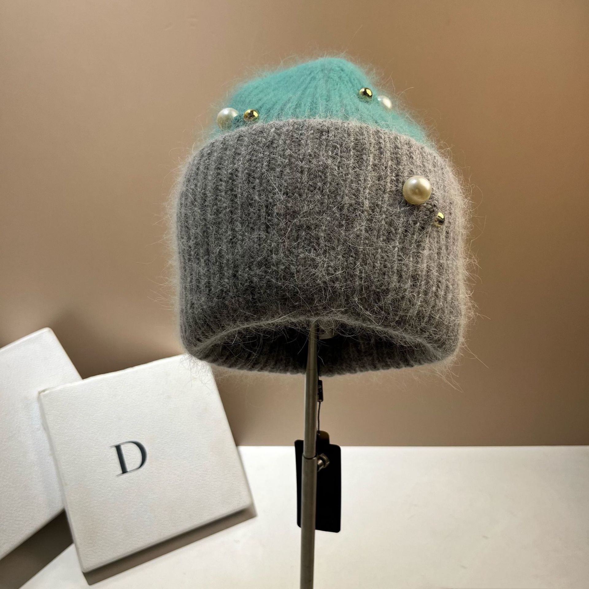Winter Kleine Duftende Perle Farbe blockiert Warm Kalt Nordisch Dick Doppelschicht Angora Kaninchen Haar Strickmütze_voghion.com