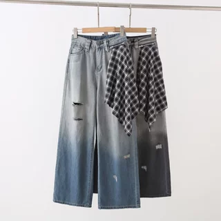 设计感渐变色直筒破洞牛仔裤女2025夏季新款高腰宽松显瘦阔腿裤子