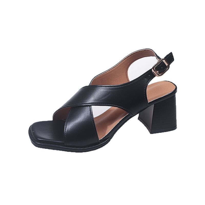 French-Style Open-Toe Brown High-Heeled Shoes for Women, 2026 Summer New Model, Cross-Strap Chunky Heel, Single Strap Roman Sandals