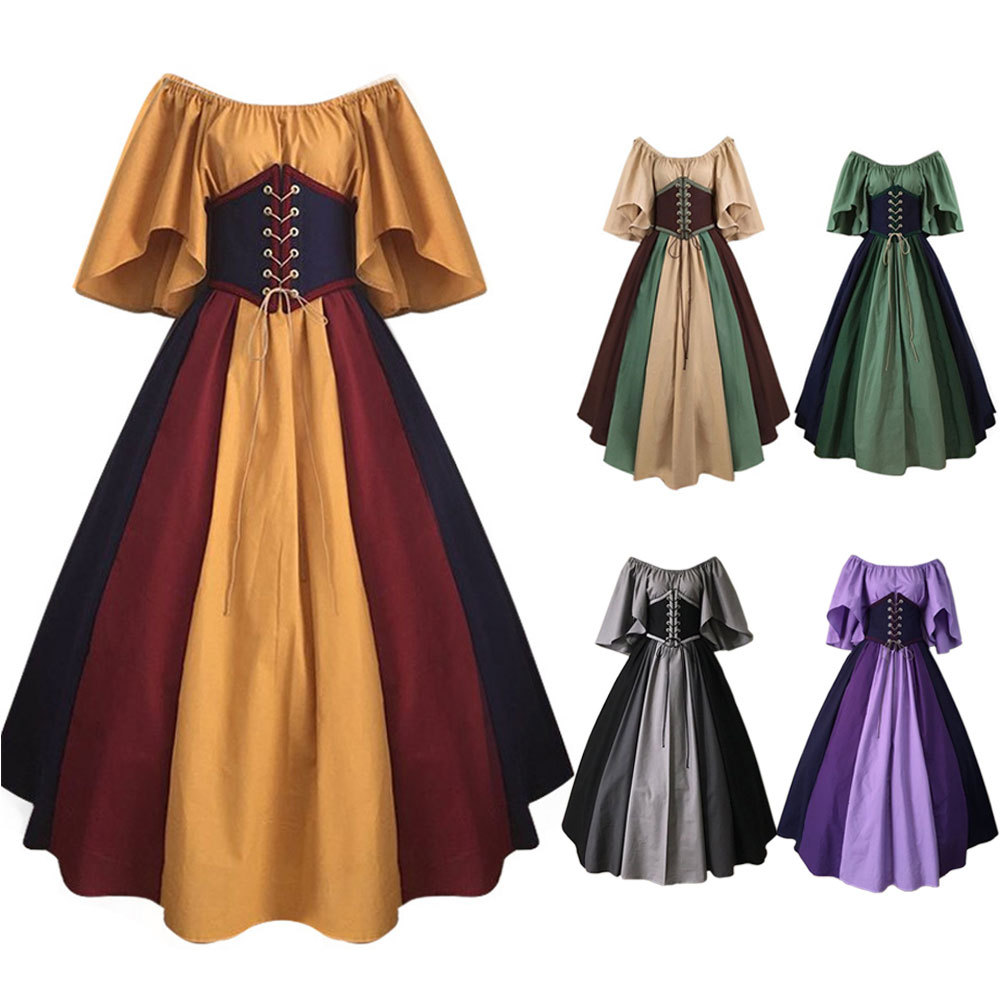 European and American Medieval Retro Contrast Color Stitching Flying Sleeve Lace-up Waist Large Swing Dress Dress dress Performance Dress Factory