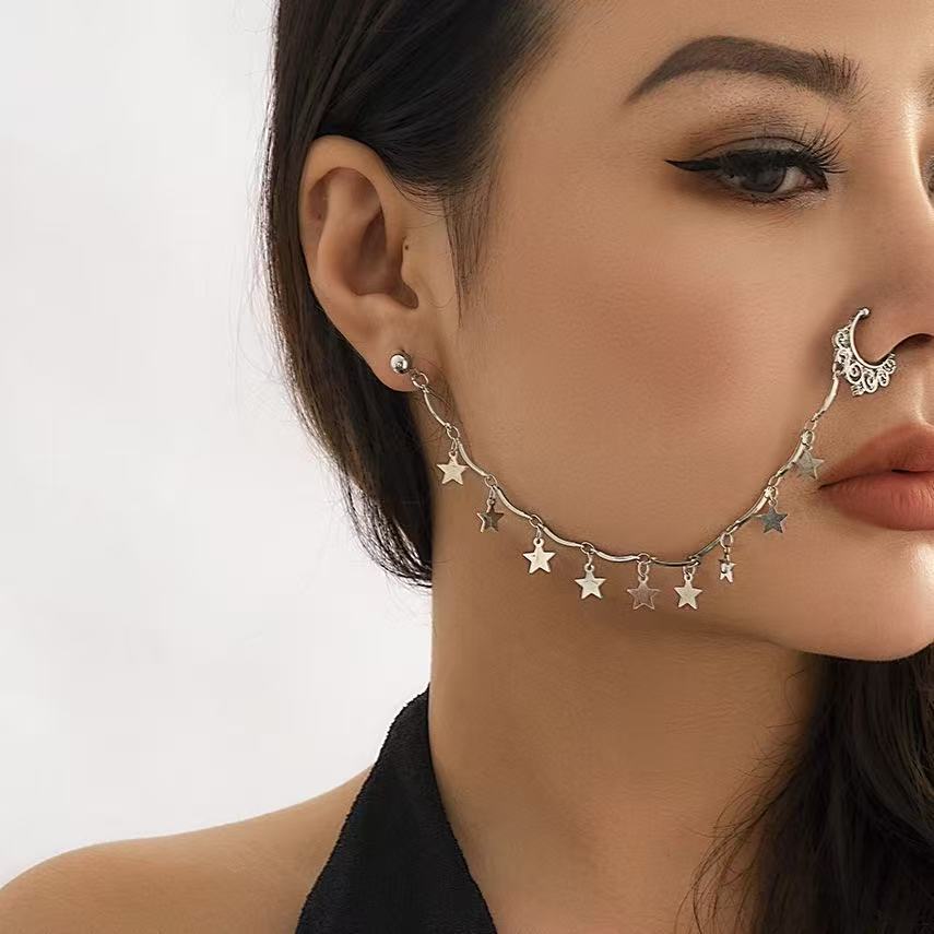 Argola de nariz sem piercing estrela e lua com borlas estilo etnico_voghion.com