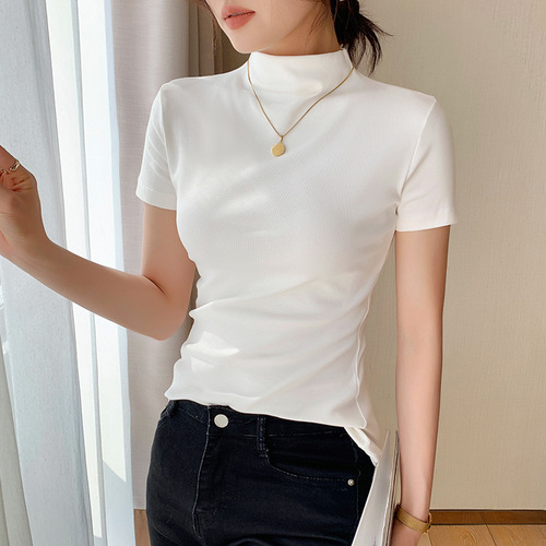White Short Sleeve T-Shirt for Women - Spring/Summer 2025 - Half High Collar, Elegant Fitted Short Sleeve T-Shirt - Base Layer Top