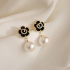 Black silver needle from pearl, advanced three dimensional earrings, silver 925 sample, flowered, bright catchy style