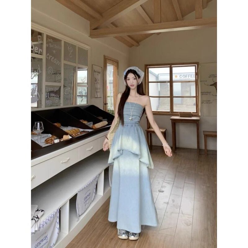 Retro Gradient Light Blue Tube Top Denim Dress for Women Summer Seaside Resort Style French Style Fake Two-Piece Long Skirt