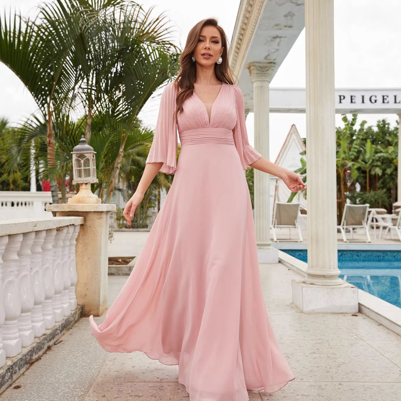 2026 Elegant V-Neck Evening Dress Cross-Border Amazon Women's Banquet Host Chiffon Dress Long Style Elegant and Graceful