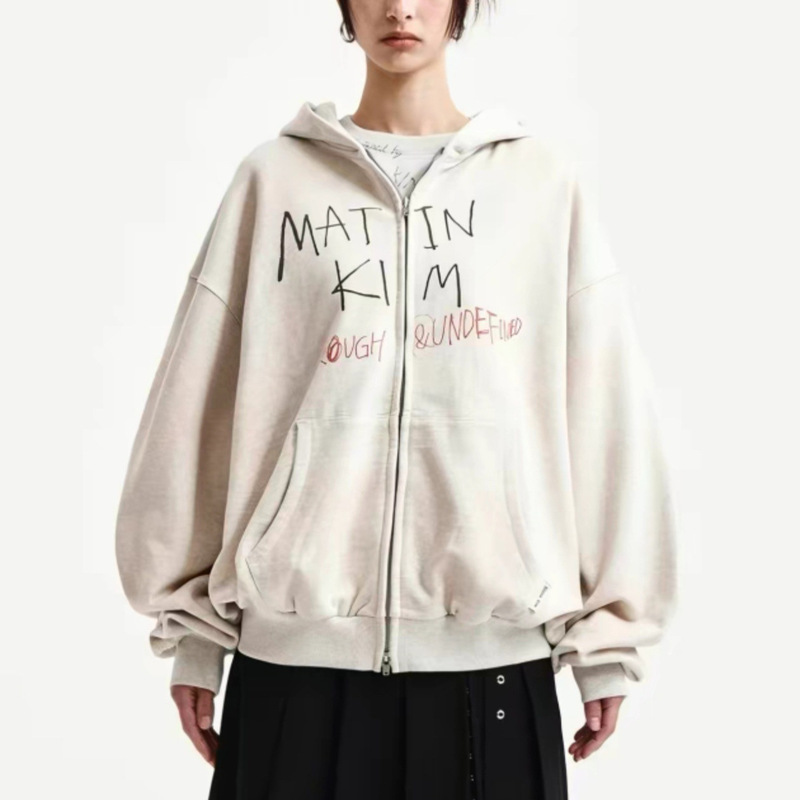 Spring and Autumn New MK American Retro Letter Print Hooded Cardigan Fashionable Loose Slimming Short Graffiti Jacket for Men Cross-Border
