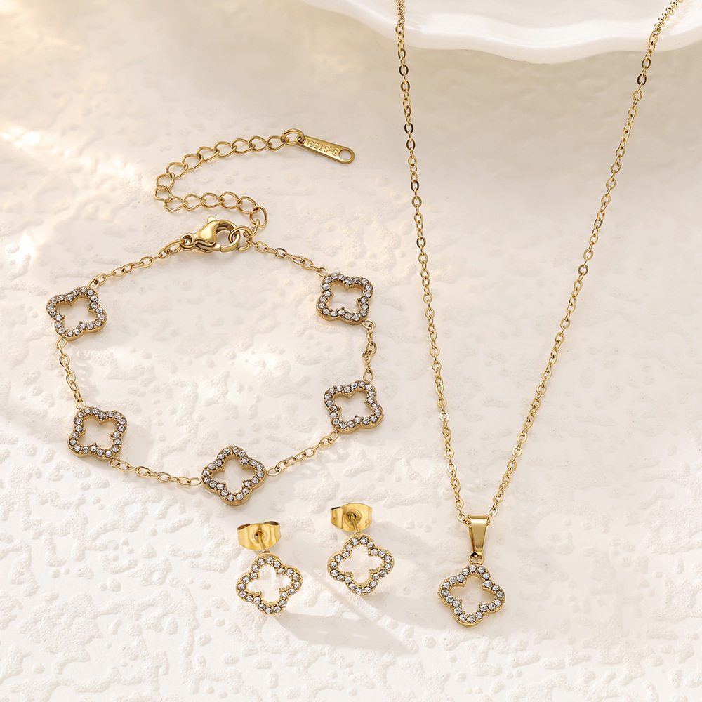 New Titanium Steel Lucky Four-Leaf Clover Full Diamond Zircon Bracelet Necklace Earring Set for Women French Sweet Jewelry Wholesale
