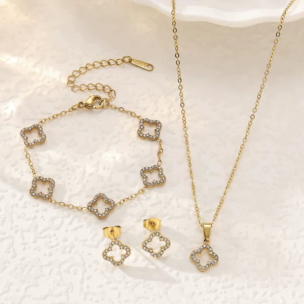 New Titanium Steel Lucky Four-Leaf Clover Full Diamond Zircon Bracelet Necklace Earring Set for Women French Sweet Jewelry Wholesale
